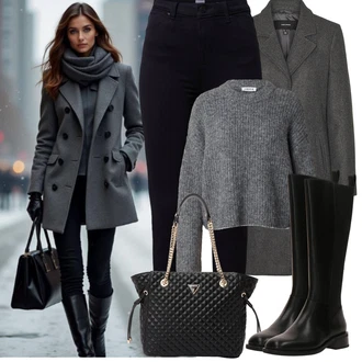 Outfit s Černá/Tmavě modrá Kožená bunda/Motorkářské Džíny/Zimní bunda/High Waist Džínové Kalhoty/Kožené Boty/Termální Džíny Mustang "Zimní Outfity"