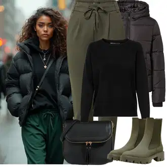Outfit s Tmavě zelená Chelsea Boty/Gumová Kotníková Bota/Kožená bunda Only "Zimní Outfity"