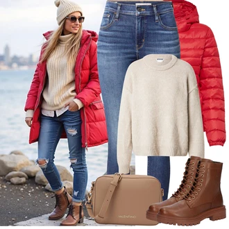 Outfit s Červená Prošívaná Bunda/Nafukovací Bund/Zimní Bund/Udržitelná bunda/Puchová Bund/Péřová Bunda/Sbalitelné Bund/Bunda s Kapucí/Letní peřová bunda Only "Zimní Outfity"