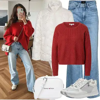 Zvonové kalhoty Outfit s Světle modrá/Modrá Džíny High Waist Džínové Kalhoty/Džíny Culottes/Džín s Širokou Nohavicí/Džíny Volného Střihu/Džíny s Rozparkem/Zvonové Džíny/Vintage Džíny/Baggy Džíny/Pánské tričko VERO MODA "Zimní Outfity"