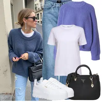 Zvonové kalhoty Outfit s Světle modrá/Modrá Džíny High Waist Džínové Kalhoty/Džíny Culottes/Džín s Širokou Nohavicí/Džíny Volného Střihu/Džíny s Rozparkem/Zvonové Džíny/Vintage Džíny/Baggy Džíny/Pánské tričko VERO MODA "Zimní Outfity"