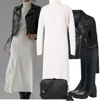 Kůže Outfit s Černá Kozačka Na Podpatku/Jezdecká Bota/Klasická Kozačka/Kozačka se zipem/Kozačka po Kolena/Dlouhá Kozačka/Bota se širokým nohavici Tamaris "Zimní Outfity"