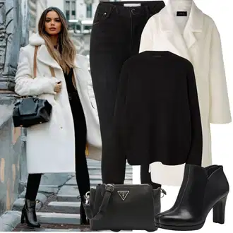 S zakovicama Outfit sa Crna/Bijela Gležnjača na visoku petu/Gležnjača s platformom/Kožna gležnjača/Kožna Jakna/Podstavljena Gležnjača/Čizma na visoku petu Tamaris "Zimske Odjeće"Look: S zakovicama, Jahanje, Hodanje