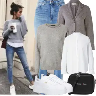 Outfit sa Siva/Smeđa/Svjetlosiva Pleteni Flis Kaput/Pleteni Kaput/Vuneni kaput/loden kaput/Kaput od Tvida/Kaput od Kašmira/Midi Kaput/Kaput od Vunenog Flisa/Kaput od Buklea Oui "Zimske Odjeće"