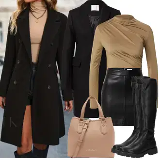 Outfit s Černá/Hnědá/Bílá Kožená Sukně/Krátká Sukně/Sukně z umělé kůže/Kožená MiniSukně Leger by Lena Gercke "Zimní Outfity"