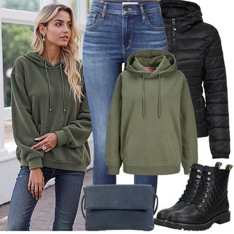 Prošívaný Outfit s Černá Šněrovací Kotníková Bota/Kožená bunda/Vycpaná kozačka/Gumová Kotníková Bota/Bojová Bota/Klasická kozačka/Plochá Kotníková Bota/Kozačka se zipem About You "Zimní Outfity"