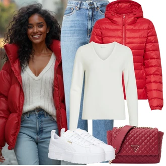 Outfit s Červená Prošívaná Bunda/Nafukovací Bund/Zimní Bund/Udržitelná bunda/Puchová Bund/Péřová Bunda/Sbalitelné Bund/Bunda s Kapucí/Letní peřová bunda Only "Zimní Outfity"