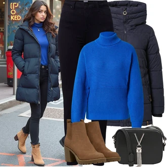 Outfit s Černá/Tmavě modrá Kožená bunda/Motorkářské Džíny/Zimní bunda/High Waist Džínové Kalhoty/Kožené Boty/Termální Džíny Mustang "Zimní Outfity"