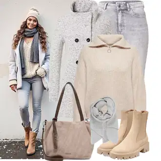 Outfit sa Siva/Bež/Smeđa Pleteni Flis Kaput/Pleteni Kaput/Vuneni kaput/Kaput od Buklea/Kaput od Vunenog Flisa Only "Cool zimski outfit"