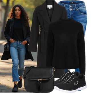 Outfit s Černá Přechodový Kabát/Zimní Kabát Vlněný kabát/Midi Kabát/Kašmírový Kabát/Trenčkot/Trenčkot/Dlouhý kabát/Letní Kabát/Vlněný Kabát Vila "Zimní look"