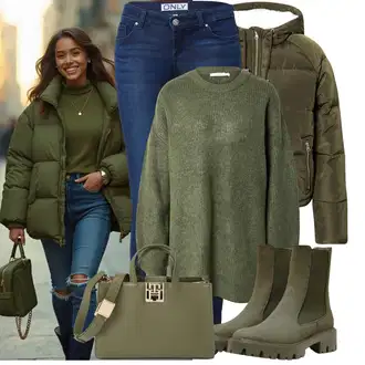 Outfit s Tmavě zelená Chelsea Boty/Gumová Kotníková Bota/Kožená bunda Only "Nápadný look na zimu"