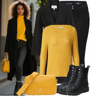 Outfity z džínu Zima s Černá Šněrovací Kotníková Bota/Kožená bunda/Vycpaná kozačka/Gumová Kotníková Bota/Bojová Bota/Klasická kozačka/Plochá Kotníková Bota/Kozačka se zipem About You "Nápadný look na zimu"