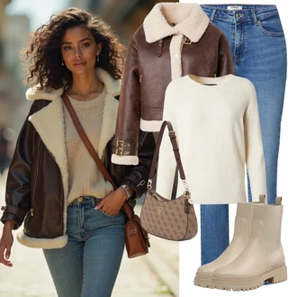 Outfit s Hnědá/Béžová/Khaki Chelsea Boty/Kožená bunda/Gumová Kotníková Bota/Plochá Kotníková Bota/Kotníková Bota s Podšívkou About You "Módní zimní outfit"