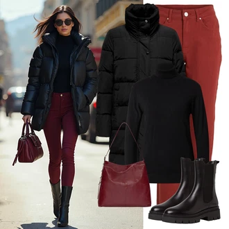 Outfit s Hnědá/Černá/Tmavě Hnědá/Fialová Kozačka Chelsea Boty Tamaris "Módní zimní outfit"