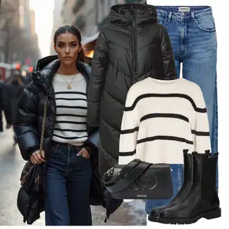 Layered Outfit s Černá Zimní Kabát/Dlouhý Zimní Kabát/Prošívaný kabát/Péřový Kabát/Kabát s Kapucí/Dlouhý Péřový Kabát JdY "Perfektní na zimu"Look: Layered, Venkovní, Nadrozměrné