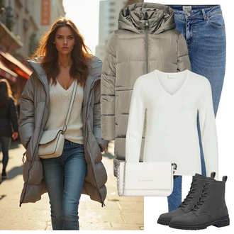 Outfity z džínu Mom Zima s Khaki/Tmavě zelená/Béžová/Hnědá/Šedá Nezařazené VERO MODA "Zimní look"Look: Nadrozměrné, Venkovní, Příliš oblečený, Mom, Sportovní