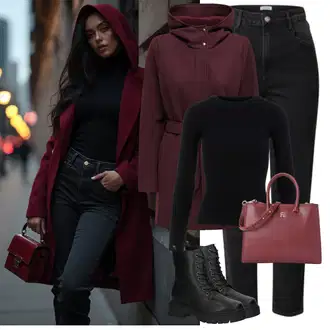 Outfit sa Ljubičasta/Tamnocrvena/Crvena/Vinski Crveno Prijelazni Kaput/Softshell Kaput/Kaput od Flisa/Kaput od Vunenog Flisa/Vuneni kaput/Pleteni Flis Kaput/Scuba Kaput/loden kaput/Kaput s Kapuljačom Only "Zimski look"