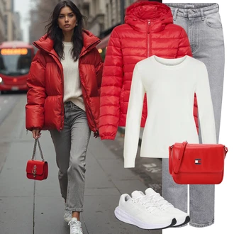 Outfit s Červená Prošívaná Bunda/Nafukovací Bund/Zimní Bund/Udržitelná bunda/Puchová Bund/Péřová Bunda/Sbalitelné Bund/Bunda s Kapucí/Letní peřová bunda Only "Stylový zimní outfity"