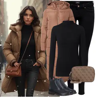 Nadrozměrné Dlouhé Outfit s Hnědá/Béžová/Fialová Dlouhý Zimní Kabát/Péřový Kabát/Midi Kabát/Zimní Kabát/Dlouhý Péřový Kabát/Prošívaný kabát Only "Zimní look"Look: Pro Dům, Mom, Venkovní, Příliš oblečený, Nadrozměrné, Sportovní