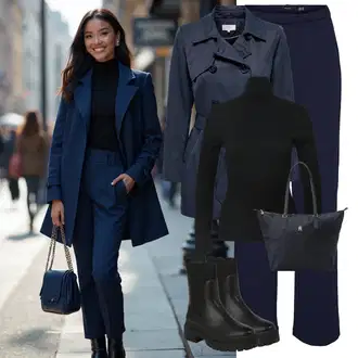 Outfit s Tmavě modrá Žerzejová Kalhoty/Navlékací Kalhoty/Dlouhá Kalhoty/Rovná Kalhoty/Pohodlná Kalhoty/Sportovní kalhoty/Tréninková Kalhoty VERO MODA "Zimní look"