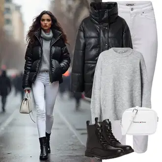 Kombinacije s "mom" trapericama Stil sa Siva/Svjetlosiva Čizma do Gležnja/Kožna Jakna/Traperice s Prorezom/Mom Jean/Sužene Traperice/Termo Traperice/Traperice Slim Kroja/Girlfriend Traperice/High Waist Traperice/Ženske Traperice 7/8 Dužine/Skraćene Traperice/Capri Traperice Only "Zimski look"