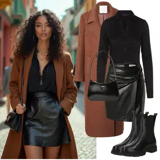 Outfiti za skunje sa Crna Poslovna Bluza/Bluza Dugih Rukava/Uska Kroj Bluza/Bluza s gumbom/Bodija Bluze VERO MODA, Crna/Bijela Nekategorizirano Edited, Crna/Smeđa Chelsea Gležnjača/Ravna Gležnjača ps poelman "Elegantan zimski outfit"