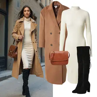Kombinacije s čizmama sa Crna Čizma Iznad Koljena/Kožna Čizma Iznad Koljena/Čizma do Koljena/Duga Čizma/Ravna čizma preko koljena About You "Zimski look"