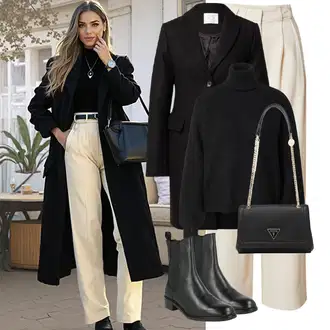 Kovbojka Outfit s Černá/Hnědá Kozačka Chelsea Boty/Plochá Kotníková Bota/Kožená kotníková bota About You "Perfektní na zimu"Look: Cool, Kovbojka, Duckfeet, Elegantní, Unisex