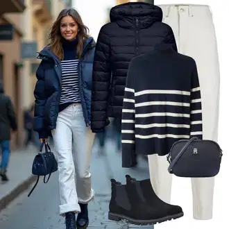 Kombinacije s "mom" trapericama Stil sa Bijela/Kaki/Krem/Bež Sužene Traperice/Plisirane Traperice/Dad Traperice/High Waist Traperice/Mom Jean jjxx, Plava/Tamnoplava Putna Torba/Muška torba/Mala Torbica/Torbica/Torba za rame/Torba preko ramena/Torba za nošenje "Savršen za zimu"