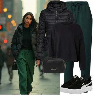 Nadrozměrné Krátká Outfit s Černá Fleecová Mikina/Kožená bunda/Sportovní mikina Pieces "Sportovní zimní outfit"Look: Chill, Hip Hop, Nadrozměrné, Skater, Unisex, Univerzitní, Pracovní oděvy, Sportovní