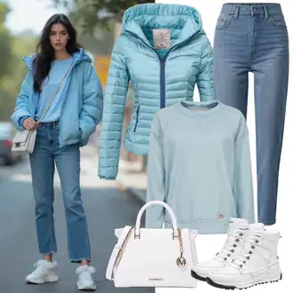 Zvonové kalhoty Outfit s Tmavě modrá/Modrá/Světle modrá Džíny Mom Jean/Termální Džíny/Sweat Džíny/Rovná Džína/Džíny Volného Střihu/Dámské Džíny s Délkou 7/8/Baggy Džíny/Sportovní boty/Dad Džíny/Formální Košile/Zkrácené Džíny/Kožená Pánská Bund jjxx "Zimní outfit"