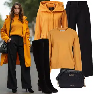 Outfit s Černá/Krémová Rovná Kalhoty/Navlékací Kalhoty/Marlene Kalhoty/Relaxační kalhoty/Business Kalhoty/Rozšířená Kalhoty/Kalhoty s Vysokým Pasem/Široká Kalhoty/Obleková Kalhoty/Kalhoty Bootcut/Kožená Pánská Bund temu "Zimní volnočasový outfit"