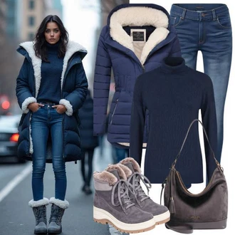 Outfit s Zlatý/Béžová/Hnědá/Šedá Klasická kozačka/Plochá Kotníková Bota/Kozačka se zipem/Kotníková Bota s Podšívkou/Ovčí Kožešinová Bota/Vycpaná kozačka/Zimní Kozačka z jehněčí kůže kesi "Zimní Vzhled"