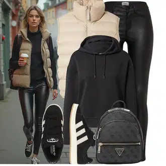 Outfit s Černá/Tmavě šedá/Šedá Mini batoh/Mini batoh Guess "Hezký outfit pro volný čas"