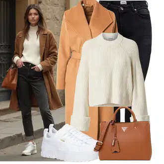 Outfit sa Bež/Bijela/Kaki/Ljubičasta/Siva Kašmir Džemper/Zdepasti Džemper/Izrezani Džemper/Carmen Džemper/Pleteni Džemper/2u1 Džemper/Basic Džemper/Kratki Džemper/Jednostavni Džemper Edited "Praktičan look"