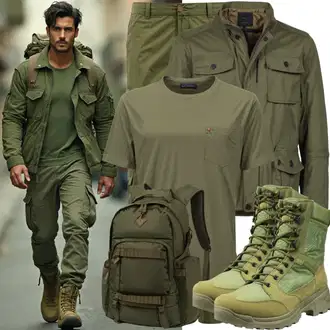 Regen Outfit mit Dunkelgrün/Grün/Braun Stiefel Icepeak "Army Outfit"