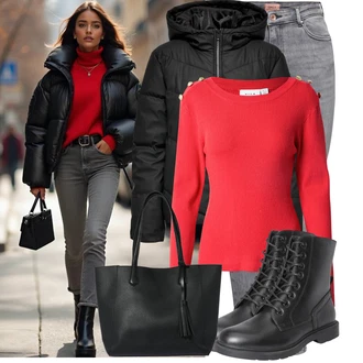 Outfit s Černá Prošívaná Bunda/Udržitelná bunda/Bunda s Bočním Zipem/Izolační bunda/Nafukovací Bund/Zimní Bund/Puchová Bund/Bunda z umělých vláken JdY "Zimní outfit pro volný čas"