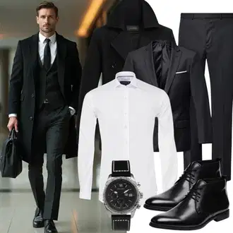 Party Outfits Elegant mit Schwarz Duffle Mantel/Scuba-Mantel/Kaschmir Mantel/Mantel mit Reißverschluss/Wollfleece Mantel/Wollmantel KUDORO, Schwarz/Hellblau/Dunkelblau Kostüm/Modern Hosenanzug/Business Hosenanzug/Eleganter Hosenanzug Tiger of Sweden, Schwarz/Grau/Dunkelgrau Schnürstiefelette/Vintage Schnürschuh/Klassischer Stiefel/Business-Schuh Tommy Hilfiger "Business Outfit"Look: Elegant, Stil, Business, Indoor, Büro, Moderne, Französische, Coole, Smart Casual, Workwear, Casual, Edel, Premium, Ausgefallene, Uni, Unisex, Duckfeet, Metal, Löwe, Gothic, Classic