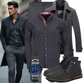 Party Outfits Elegant mit Grau/Dunkelgrau/Dunkelblau Gehröck/Schmal Geschnittener Mantel/Wollmantel/Tweed Mantel/Wollmantel/Blazermantel KUDORO, Dunkelblau Businesshemd/Business Hemd/Bügelfreies Hemd/Hemdbluse/Casual Hemd Tommy Hilfiger, Grau/Dunkelgrau/Beige Armbanduhr/Uhrwerkzeug/Uhrenbatterie Diesel "Casual Business Outfit"Look: Elegant, Indoor, Stil, Casual, Business, Büro, Smart Casual, Uni, GoGo, Goa, Workwear, Maritim, Preppy, Edel, Classic, Techno, Retro, 80er, Oversize, Unisex, Metal, Wetlook