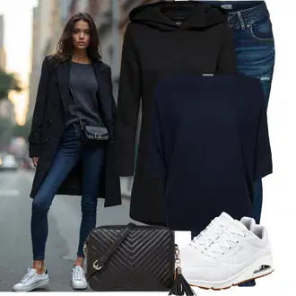 Outfit sa Crna Prijelazni Kaput/Kaput s Kapuljačom/loden kaput/Scuba Kaput/Softshell Kaput Only "Outfit za svaki dan"