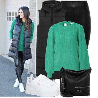 Outfit sa Crna Dugi Prsluk/Pufnasti Prsluk/Donji Prsluk Pieces "Lijepi outfit za slobodno vrijeme"
