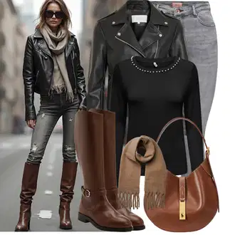 Cowgirl Outfit sa TamnoSmeđa/Smeđa/Bež Čizmica Čizma za Jahanje "Outfit za svaki dan"Look: Chic, cool, Cowgirl, Elegantan, Prekrasan, Old Money, Western