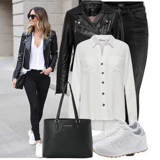 Outfit s Černá/Tmavě šedá/Šedá/Světle šedá/Khaki Kožená bunda/High Waist Džínové Kalhoty/Motorkářské Džíny/Termální Džíny/Push up Džín/Kožené Boty/Zimní bunda/Džíny s Rozparkem Only "Hezký outfit pro volný čas"