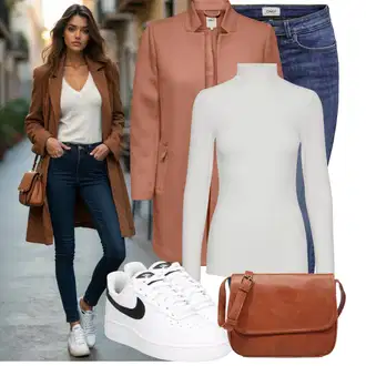 Outfit sa Smeđa/Crvena/Bež Prijelazni Kaput/Vintage Kaput/Scuba Kaput/Kaput Tri Četvrtine/Vuneni Kaput/Vuneni kaput/Usko Krojena Kaputa/Lagani Kaput/loden kaput/Midi Kaput/Kaput od Kašmira/Ljetni Kaput Only "Lijepi outfit za slobodno vrijeme"
