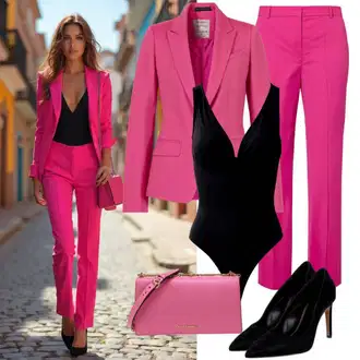 Outfity pro zábavu Elegantní s Růžová Boyfriend Sako/Kožená bunda/Blejzrové Bund/Kožená bunda pro muže/Dlouhý Sako/Elegantní Sako/Kožená Pánská Bund/Oversize Sako Drykorn, Černá Pantofel/Sandál Na Podpatku/Sandál s podpatkem/Letní Bota/Sandál Na Širokém Podpatku/Lodička Nízký Podpatek celena "Cool jarní outfit"Look: Business, Mom, Kancelář, Preppy, Chytrý příležitostný, Univerzitní, Elegantní, Klasické, Cool, Italský, Krásný