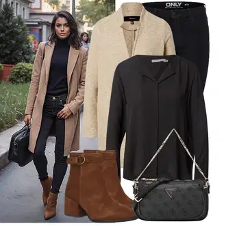 Stil, Western Outfit sa Crna/Tamnosiva Crash bluza/Bluza koja se ne pegla/Poslovna Bluza/Svilena bluza/Bluza s gumbom/Bluza Dugih Rukava/Kožna jakna za muškarce/Bluza s Podignutim Ovratnikom/Slip-on Bluza B.young "Lagana odjeća"Look: Stil, Radna odjeća, Ured