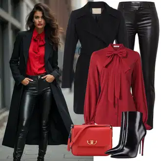 Outfit sa Crvena/Vinski Crveno/Smeđa Bluza s Kragnom Šalica/Elegantna Bluza/Bluza s Kapuljačom/Razigrana Bluza/Izvanredna Bluza/Prozirna Bluza/Bluza s Leptir Mašnom/Bluza s Mašnom/Kožna jakna About You "Elegantna Proljetna Odjeća"