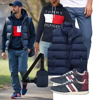 Outfit mit Dunkelblau/Blau Reiseweste/Isolationsweste/Steppweste/Kurze Weste/Daunenweste/Puffer Weste/Outdoorweste Allthemen "Freizeit Outfit"