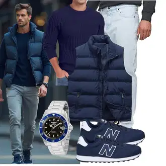 Outfit mit Dunkelblau/Blau Reiseweste/Isolationsweste/Steppweste/Kurze Weste/Daunenweste/Puffer Weste/Outdoorweste Allthemen "Freizeit Outfit"