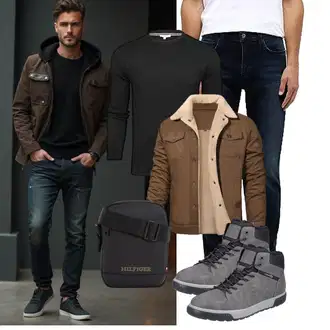 Outfit mit Braun/Khaki/DunkelBraun/Beige Trachtenstrickjacke/Lammfell Jacke/Wachsjacke/Fliegerjacke/Militärjacke/Vintage Jacke/Wolljacke/Herbstjacke/Winterjacke/Holzfäller Jacke Vancavoo "Freizeit Outfit"